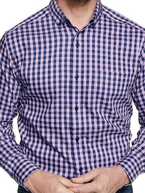 Johnston & Murphy 100% Cotton Two-Tone Gingham Long Sleeve Shirt XL Purple